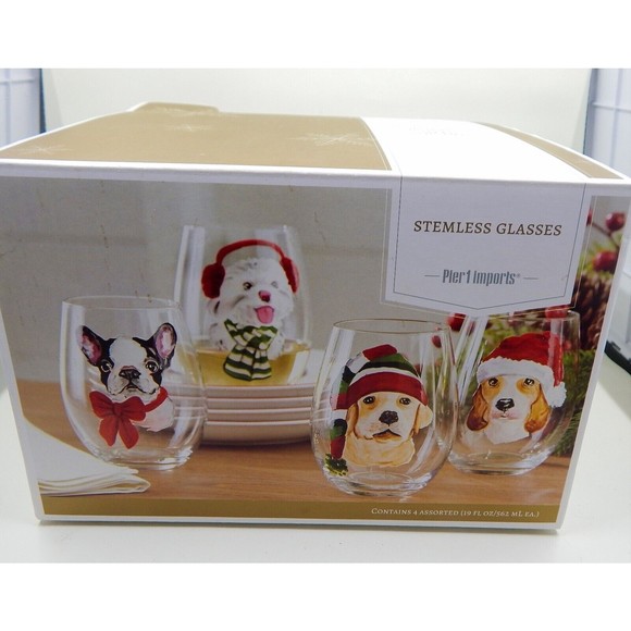 Pier 1 One Stemless Wine Glasses Holiday Christmas Dogs Hats Assorted Set of 4 - Picture 10 of 10